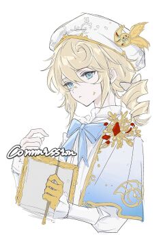 Rule 34 | 1boy, blonde hair, blue bow, blue capelet, blue eyes, bow, capelet, chinese commentary, commentary request, commission, drill hair, drill ponytail, edgar valden, edgar valden (golden ratio), expressionless, gloves, hair between eyes, hat, highres, holding, holding paintbrush, holding painting, identity v, long hair, long sleeves, looking at viewer, male focus, paint splatter, paint splatter on face, paintbrush, painting (object), ponytail, puffy long sleeves, puffy sleeves, shirt, sidelocks, simple background, single glove, solo, spiral, white background, white hat, white shirt, yellow bow, yellow gloves, yuexing shengbo