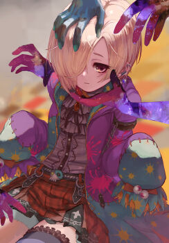 1girl absurdres black_shirt blonde_hair blood blood_stain disembodied_hand ear_piercing grabber_tool hair_over_one_eye highres idolmaster idolmaster_cinderella_girls jacket kiichirou long_sleeves multicolored_jacket patchwork_clothes patchwork_skin piercing red_skirt shirasaka_koume shirt single_thighhigh skirt sleeves_past_fingers sleeves_past_wrists solo_focus surrounded_by_hands thighhighs