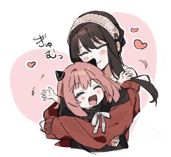2girls ^_^ adoptive_parent_and_adoptive_child anya_(spy_x_family) black_dress blush brown_hair bun_cover closed_eyes commentary_request cone_hair_bun cropped_torso dress enu_(brandnewday02) grey_hairband hair_bun hairband heart heart_background highres hug mother_and_daughter multiple_girls open_mouth outstretched_arms pink_hair red_dress smile spy_x_family translation_request upper_body yor_briar