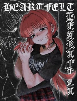 Rule 34 | 1girl, absurdres, black choker, black eyes, black scrunchie, black shirt, blunt bangs, choker, hair ornament, hair scrunchie, head tilt, hedprotag, highres, long hair, looking at viewer, narrowed eyes, original, own hands clasped, own hands together, plaid clothes, plaid skirt, pleated skirt, print shirt, red hair, red nails, scrunchie, shirt, short sleeves, sidelocks, skirt, smile, solo, stitches, vertical text, zoom layer