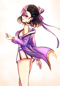 1girl absurdres ass ass_peek bare_shoulders black_hair breasts commentary cropped_shirt earrings english_commentary goddess_of_victory:_nikke hair_ribbon hand_up highres jacket jewelry jimpu6 looking_at_viewer looking_back mole mole_under_eye multicolored_hair open_mouth pleated_skirt purple_eyes purple_hair purple_jacket purple_ribbon ribbon shirt simple_background skirt sleeveless sleeveless_shirt smile solo standing streaked_hair syuen_(nikke) triangle_earrings white_shirt white_skirt