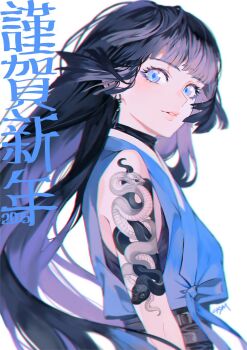 1girl 2025 arm_tattoo artist_name black_hair blue_eyes blue_shirt chkuyomi commentary earrings happy_new_year highres jewelry long_hair looking_at_viewer new_year original shirt sleeveless sleeveless_shirt snake_tattoo solo tattoo