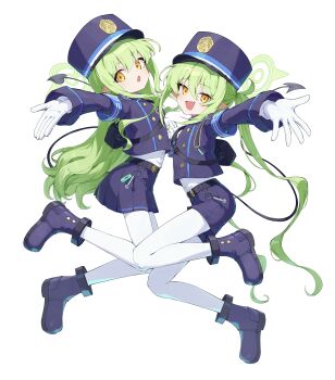 2girls :d :o absurdres ankle_boots armband bag belt black_bag black_belt blue_archive blue_boots blue_jacket blue_shorts blue_skirt boots buttons charm_(object) commentary cropped_jacket demon_tail double-breasted face-to-face fang full_body gloves green_hair green_halo halo handbag hat highres hikari_(blue_archive) holding_hands jacket jumping long_hair long_sleeves looking_at_viewer midair military_hat multiple_girls nozomi_(blue_archive) open_mouth outstretched_arm pantyhose pellas_(panix2383) pleated_skirt pointy_ears reaching shorts siblings simple_background sisters skin_fang skirt smile symbol-only_commentary tail twins twintails v-shaped_eyebrows white_background white_pantyhose yellow_eyes