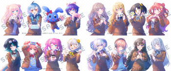 6+girls :d ;) ;d absurdres ahoge animal_ears arms_up beret black_bow black_hair blazer blonde_hair blue_bow blue_cardigan blue_eyes blue_hair blue_sweater blush bow braid brown_eyes brown_hair brown_hat brown_jacket brown_skirt cardigan closed_mouth collared_shirt commentary_request copyright_request crescent crescent_hair_ornament cup dice_hair_ornament disposable_coffee_cup disposable_cup double_bun dress_shirt envelope flower forehead goggles grey_hair grin hair_between_eyes hair_bow hair_bun hair_flower hair_ornament hair_over_one_eye hair_over_shoulder hair_rings hat heart heterochromia highres holding holding_cup holding_envelope horns ittokyu jacket letter long_hair long_sleeves love_letter low_twintails multicolored_hair multiple_girls off_shoulder official_art one_eye_closed open_clothes open_jacket open_mouth parted_bangs pink_bow pink_hair pleated_skirt power_symbol purple_eyes purple_hair purple_sweater red_bow red_eyes red_hair sample_watermark school_uniform sharp_teeth shirt short_hair skirt smile star_(symbol) streaked_hair sweater tail teeth thick_eyebrows twin_braids twintails two-tone_hair two_side_up very_long_hair virtual_youtuber watermark white_shirt yellow_bow yellow_flower