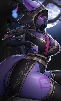 1girl absurdres animal animal_ear_fluff animal_ears animal_on_arm bird bird_on_arm black_hair black_thighhighs breasts closed_mouth commentary_request crow fishnets from_side full_moon furry furry_female highres large_breasts looking_to_the_side moon mouth_veil multicolored_hair night ninja original outdoors pink_hair purple_fur red_eyes sidelocks sitting snout solo streaked_hair suurin_(ksyaro) tail thighhighs thighs veil