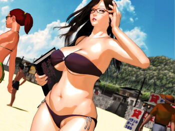 2girls beach bikini black_hair breasts cleavage cloud day food fruit glasses kill_the_king large_breasts lips long_hair looking_at_viewer mature_female mole multiple_boys multiple_girls navel outdoors ponytail side-tie_bikini_bottom sky swimsuit underboob watermelon