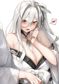 1girl ahoge azur_lane bare_shoulders between_breasts blush bow breasts cleavage collarbone commander_(azur_lane) commentary_request hair_between_eyes hair_intakes hakuhou_(azur_lane) heart highres huge_ahoge huge_breasts japanese_clothes kimono long_hair long_hair_between_eyes long_sleeves looking_at_viewer mask mask_on_head nori_aji open_mouth simple_background solo speech_bubble spoken_heart very_long_hair white_background white_bow white_kimono white_theme wide_sleeves yellow_eyes