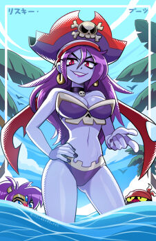 bikini blue_skin breasts choker cleavage colored_skin commentary earrings english_commentary hat headband highres hoop_earrings in_water jewelry katakana long_hair looking_at_another looking_at_viewer mike_luckas pirate pirate_hat ponytail purple_hair purple_lips red_eyes risky_boots shantae shantae_(series) swimsuit tinkerbat wading