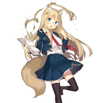 Rule 34 | 1girl, animal ears, aqua eyes, black thighhighs, blonde hair, blue jacket, blue skirt, book, breasts, fox ears, fox girl, fox tail, holding, holding book, jacket, lilian fox, loafers, long hair, medium breasts, necktie, open book, open mouth, red necktie, rie (reverie), school uniform, shirt, shoes, skirt, tail, thighhighs, uchi no hime-sama ga ichiban kawaii, white shirt