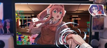 absurdres angry artist_name blue_eyes blue_hair blurry blush brown_hair brown_sweater clenched_hands cracked_screen crazy_mita_(miside) crossover depth_of_field doki_doki_literature_club doki_doki_literature_club_school_uniform figure glasses glitch grabbing_another&#039;s_hand green_eyes grey_jacket hair_ornament hair_ribbon hairclip hashtag-only_commentary headband highres hiiragi_tsukasa jacket long_hair long_sleeves lucky_star miside mita_(miside) monika_(doki_doki_literature_club) monitor neck_ribbon open_mouth photo_(object) pov red_ribbon red_shirt ribbon school_uniform shirt sweater through_medium through_screen trait_connection white_ribbon white_shirt xiu_kukkii