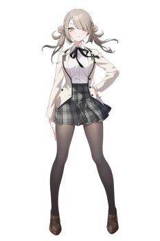 Rule 34 | 1girl, black pantyhose, black ribbon, brown shoes, closed mouth, collared shirt, d4dj, double bun, dress shirt, floating hair, full body, grey hair, grey skirt, hair bun, hair over one eye, hand on own hip, jacket, loafers, long hair, neck ribbon, official art, open clothes, open jacket, pantyhose, plaid clothes, plaid skirt, pleated skirt, ribbon, school uniform, shiodome raika, shirt, shirt tucked in, shoes, simple background, skirt, solo, tachi-e, transparent background, twintails, white jacket, white shirt, yellow eyes