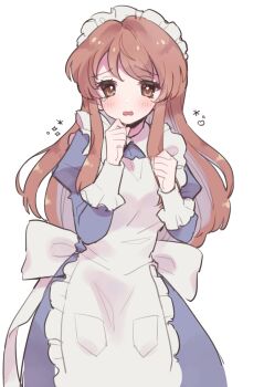 Rule 34 | 1girl, apron, asahina mikuru, back bow, blue dress, bow, brown eyes, brown hair, dress, embarrassed, frilled headwear, highres, hoshikuzu (pinkholic), long hair, looking at viewer, maid, maid apron, maid headdress, parted lips, simple background, smile, suzumiya haruhi no yuuutsu, white apron, white background, white bow, white headdress