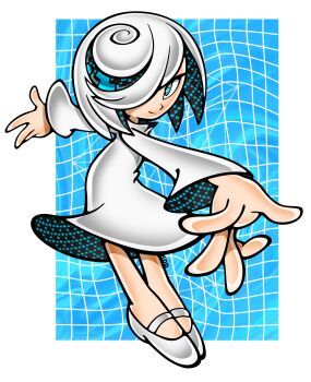 1girl absurdres artist_name blue_background blue_eyes border bright_pupils closed_mouth dress flats full_body grid_background hair_over_one_eye highres ketrindarkdragon long_sleeves looking_at_viewer multicolored_hair no_socks official_style one_eye_covered outside_border outstretched_arms parody sage_(sonic) shoes short_hair smile solo sonic_(series) sonic_frontiers spread_arms style_parody swept_bangs two-sided_fabric white_border white_dress white_hair white_pupils wide_sleeves