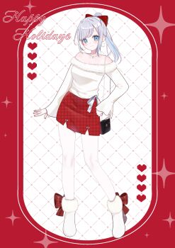 1girl absurdres alternate_costume ankle_boots aqua_eyes bag bare_shoulders boots bow commentary_request full_body fur-trimmed_boots fur-trimmed_shirt fur_trim hair_bow handbag highres jewelry kaga_sumire miniskirt multicolored_hair off-shoulder_shirt off_shoulder pantyhose parted_bangs pendant ponytail red_bow red_nails red_skirt sato_iori_(pixiv_87640444) shirt skirt solo standing streaked_hair virtual_youtuber vspo! white_hair white_pantyhose white_shirt wide_sleeves