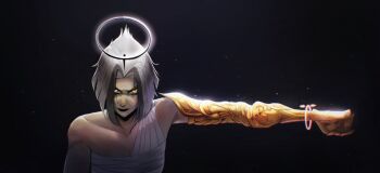 1girl ballz4lyfe11 bandaged_chest bare_shoulders black_background black_hair black_lips breasts clenched_hand grey_hair halo hazbin_hotel hellaverse highres large_breasts lute_(hazbin_hotel) mechanical_arms multicolored_hair outstretched_arm short_hair single_mechanical_arm solo two-tone_hair yellow_eyes