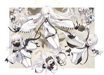 6+girls black_bow blindfold blue_archive blunt_bangs bow breasts breasts_apart character_request claws collarbone colored_skin covered_eyes covered_mouth ein_(blue_archive) floating floating_hair full_body hair_over_one_eye halo highres kokukyukeo legs_folded long_hair looking_at_viewer malkuth_(blue_archive) medium_breasts medium_hair multiple_girls navel off_shoulder ohr_(blue_archive) outside_border outstretched_arms parted_bangs segmented_tail sof_(blue_archive) spread_arms swept_bangs symbol-shaped_pupils white_hair white_skin x-shaped_pupils yellow_eyes yellow_halo