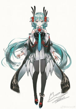 1girl absurdres anklet aqua_eyes aqua_hair bare_shoulders bead_anklet bead_necklace beads black_dress black_pantyhose black_shoes blue_nails blue_necktie china_dress chinese_clothes chinese_commentary collared_dress commentary_request dated detached_sleeves double_bun dragon_print dress eyelashes feather-trimmed_dress feather_hair_ornament feathers flower_knot frilled_sleeves frills full_body gradient_clothes gradient_dress hair_between_eyes hair_bun hair_ornament hair_rings happy hatsune_miku highres jewelry layered_dress light_blush long_dress long_hair long_sleeves looking_at_viewer low_twintails marking_on_cheek memory_mie miniskirt nail_polish necklace necktie pantyhose parted_lips pleated_skirt pom_pom_(clothes) pom_pom_hair_ornament puffy_long_sleeves puffy_sleeves red_ribbon ribbon shoes signature simple_background skirt skirt_under_dress sleeveless sleeveless_dress smile solo standing straight-on teeth twintails very_long_hair vocaloid watermark weibo_watermark white_background white_dress white_skirt white_sleeves