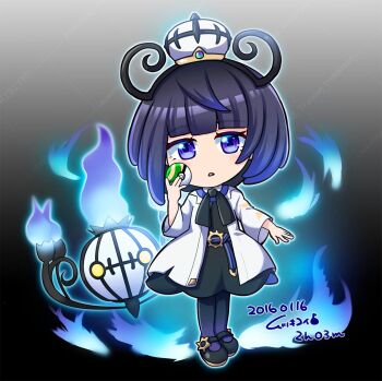1girl belt belt_buckle black_dress black_pantyhose black_shoes blue_fire blue_hair blunt_bangs bob_cut buckle chandelure chibi chibi_only coat commentary_request dated dress eyelashes fire full_body gen_5_pokemon gradient_hair gwynn_(pokemon) hat holding holding_poke_ball looking_at_viewer multicolored_hair mutsuki_yui nest_ball nintendo o-ring o-ring_belt open_clothes open_coat open_mouth pantyhose poke_ball pokemon pokemon_(creature) pokemon_legends:_z-a purple_eyes purple_hair shoes short_hair signature standing white_coat
