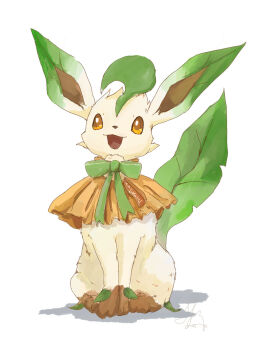 animal_focus bow brown_eyes brown_fur brown_sclera collar colored_sclera commentary_request full_body gen_4_pokemon green_bow green_fur highres karu_wacame leaf leafeon looking_at_viewer nintendo no_humans open_mouth orange_collar pokemon pokemon_(creature) pokemon_focus simple_background sitting smile tail white_background