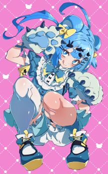 Rule 34 | 1girl, :q, absurdres, animal hands, aqua shirt, aqua shoes, aqua socks, arm up, asymmetrical legwear, bloomers, blue eyes, blue hair, blunt bangs, bright pupils, closed mouth, commission, double-parted bangs, full body, gloves, hand up, highres, indie virtual youtuber, mismatched legwear, paw gloves, pink background, puffy short sleeves, puffy sleeves, second-party source, shirt, shoes, short sleeves, single sock, single thighhigh, skeb commission, smile, socks, solo, squatting, thighhighs, tongue, tongue out, twintails, underwear, ushiki yoshitaka, white bloomers, white pupils, white thighhighs, yushiro pirika