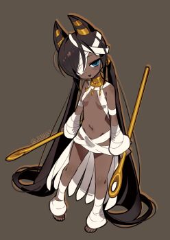 1girl ancient_egyptian animal_ears bandage_over_one_eye bandages barefoot black_hair blue_eyes breasts cat_ears commentary_request dark-skinned_female dark_skin detached_sleeves full_body gold grey_background head_tilt jewelry long_hair navel neck_ring one_eye_covered open_mouth original pigeon-toed scepter simple_background small_breasts solo standing suzu_i tachi-e twintails very_long_hair