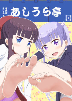 Rule 34 | 2girls, barefoot, blue eyes, blush, bow, feet, female focus, foot focus, from below, hair bow, highres, leg up, long hair, looking at viewer, multiple girls, new game!, ogyadya, open mouth, panties, pantyshot, pov, purple eyes, silver hair, soles, suzukaze aoba, takimoto hifumi, toes, twintails, underwear