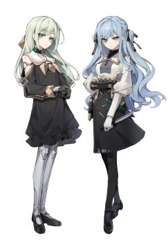 2girls absurdres android animal_collar aqua_pupils bang_dream! bang_dream!_it&#039;s_mygo!!!!! bare_shoulders black_bow black_collar black_dress black_footwear black_pantyhose blue_hair bow braid bright_pupils brown_bow caoshichong chinese_commentary closed_mouth clothing_cutout collar collared_shirt commentary_request dagger dress expressionless frilled_dress frills full_body green_eyes green_hair grey_eyes hair_bow heterochromia highres holding holding_dagger holding_knife holding_own_arm holding_weapon juliet_sleeves knees knife long_hair long_sleeves looking_at_viewer mary_janes mechanization medium_dress mismatched_pupils multiple_girls own_hands_together pantyhose puffy_sleeves sailor_collar shirt shoes shoulder_cutout side_braids simple_background single_stripe standing striped_bow tachi-e togawa_sakiko turtleneck turtleneck_dress twin_braids very_long_hair wakaba_mutsumi wavy_hair weapon white_background white_sailor_collar white_shirt