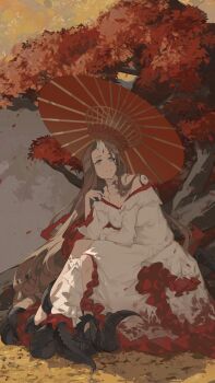 Rule 34 | 1girl, 24 (morimens), absurdres, black nails, blood, blood on jewelry, breasts, brown eyes, brown hair, cleavage, closed mouth, commentary, cup, dress, frilled dress, frills, highres, holding, holding cup, horns, jewelry, large breasts, long hair, long sleeves, morimens, nail polish, necklace, oil-paper umbrella, outdoors, pearl necklace, raum en, sitting, solo, strapless, strapless dress, tentacles, tree, umbrella, very long hair, white dress