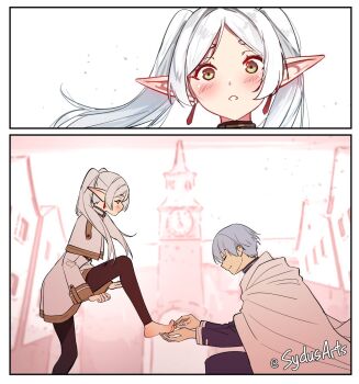 1boy 1girl artstation_username barefoot blue_hair capelet clock clock_tower commentary earrings elf english_commentary frieren green_eyes highres himmel_(sousou_no_frieren) jewelry long_hair long_sleeves parted_bangs pointy_ears scene_reference short_hair smile sousou_no_frieren sydus tower twintails white_capelet white_hair