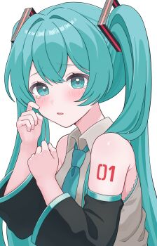 Rule 34 | 1girl, absurdres, aqua eyes, aqua hair, aqua necktie, aqua trim, armpit crease, black sleeves, blush, collared shirt, commentary request, crying, crying with eyes open, detached sleeves, grey shirt, hair between eyes, hair ornament, hatsune miku, highres, long hair, looking at viewer, necktie, number tattoo, omame 3de, open mouth, shirt, simple background, solo, tattoo, tears, twintails, very long hair, vocaloid, white background