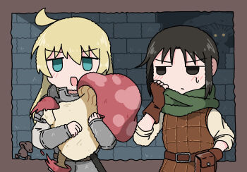 2girls ahoge aqua_eyes armor belt belt_pouch black_eyes black_hair blonde_hair brown_gloves chito_(shoujo_shuumatsu_ryokou) crossover dungeon_meshi emesan_desu fingerless_gloves gambeson gloves green_scarf highres holding long_hair multiple_girls open_mouth pouch scarf shoujo_shuumatsu_ryokou upper_body vambraces walking_mushroom_(dungeon_meshi) yuuri_(shoujo_shuumatsu_ryokou)