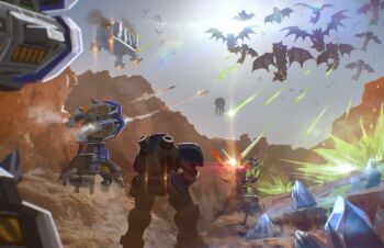 Rule 34 | 1other, absurdres, advarcher, alien, armor, building, commentary, crystal, day, desert, explosion, facing away, firing, flying, from behind, full armor, highres, marine (starcraft), missile, mountainous horizon, mutalisk, outdoors, overlord (starcraft), power armor, science fiction, smoke, space marine, starcraft, sun, terran, zerg (starcraft)