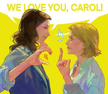 2girls annoyed artist_name black_shirt blonde_hair blue_eyes blue_jacket blue_shirt brown_eyes brown_hair character_request commentary english_commentary english_text fingernails half-closed_eyes hand_up heart heart_hands heart_hands_failure jacket keibleh lapels lightning_bolt_symbol lips long_hair long_sleeves looking_at_another middle_finger multiple_girls open_clothes open_jacket open_shirt pluribus_(tv_series) shirt short_hair simple_background smile speech_bubble t-shirt tank_top teeth upper_body v-shaped_eyebrows white_tank_top yellow_background