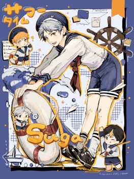 2023 3boys ;q ankle_socks arm_up arrow_(symbol) black_footwear black_hair blonde_hair blue_border blue_hat blue_sailor_collar blue_shorts boat bookmark border brown_eyes character_request check_character chibi closed_mouth dotted_line eyelashes grey_eyes grey_hair haikyuu!! hat highres hinata_shouyou holding holding_stick holding_swim_ring innertube kageyama_tobio knees leaning_forward lifebuoy long_sleeves male_focus multicolored_hair multiple_boys multiple_views neckerchief note one_eye_closed open_mouth orange_hair orange_outline outline outside_border paper paper_airplane red_neckerchief sailboat sailor sailor_collar sailor_hat sailor_shirt shirt shoes short_hair shorts smile socks steering_wheel stick streaked_hair sugawara_koushi swim_ring tape taped_note teeth tongue tongue_out tuuuuuututu twitter_username upper_teeth_only water_drop watercraft waves white_background white_shirt white_socks