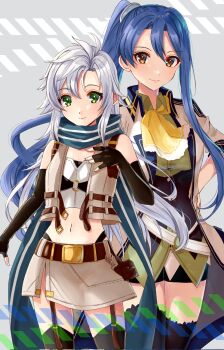2girls bare_shoulders black_gloves blue_hair closed_mouth commentary_request cropped_jacket curtained_hair double-parted_bangs eiyuu_densetsu elbow_gloves fie_claussell fingerless_gloves floating_hair floating_scarf gloves green_eyes hair_between_eyes hand_on_own_hip high_ponytail highres laura_s._arseid long_hair long_single_sidelock looking_at_viewer multiple_girls neckerchief nu_bo_bo_o ponytail scarf sen_no_kiseki sen_no_kiseki_(series) sen_no_kiseki_iii shorts sidelocks single_sidelock skirt sleeve_rolled_up sleeveless smile upper_body very_long_hair white_hair yellow_eyes yellow_neckerchief