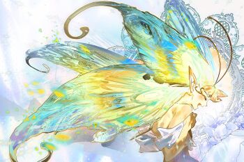 Rule 34 | 1girl, antenna hair, bare shoulders, blonde hair, butterfly wings, colored skin, cookie run, cookie run: kingdom, highres, humanization, insect wings, layered clothes, leotard, long eyelashes, long hair, pcacao, pointy ears, sugarfly cookie, thighs, very long hair, wings, yellow leotard, yellow skin