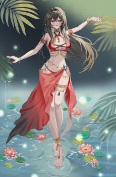 1girl absurdres anklet arm_up armlet bare_shoulders barefoot belly_chain bikini blush bracelet breasts brown_eyes brown_hair circlet cleavage collarbone commentary crossed_bangs crossed_legs dancer feet flower full_body gold_anklet gold_armlet gold_collar gold_thighlet groin hair_between_eyes highres jewelry large_breasts laurel_crown legs light_particles lily_pad long_hair looking_at_viewer nail_polish navel open_mouth original pian717 pointy_ears red_bikini red_nails red_sarong sarong see-through_clothes see-through_sarong sidelocks skindentation smile solo standing standing_on_liquid stomach swimsuit thighlet toenail_polish toenails toes water_lily_flower watson_cross