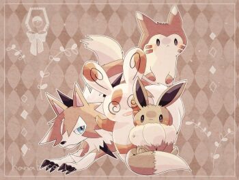 :3 animal_focus argyle_background argyle_clothes artist_name blue_eyes border brown_background brown_fur brown_theme claws commentary_request eevee furret gen_1_pokemon gen_2_pokemon gen_3_pokemon gen_7_pokemon hanabusaoekaki lycanroc nintendo no_humans poke_ball_symbol pokemon pokemon_(creature) snout solid_oval_eyes spinda tail two-tone_fur white_border white_fur wolf