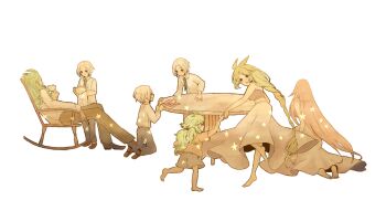 Rule 34 | 10s, 2girls, 5boys, aged down, anthea (pokemon), artist request, bad id, bad pixiv id, bare shoulders, barefoot, blonde hair, chair, concordia (pokemon), dress, ghetsis (pokemon), green hair, kneeling, multiple boys, multiple girls, n (pokemon), nintendo, pokemon, pokemon bw, red hair, rocking chair, shadow triad, simple background, sitting, star (symbol), table, tea, triplets, white background, white hair