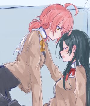 2girls black_hair black_skirt blush brown_shirt closed_eyes commentary_request highres koito_yuu moatototototo05 multiple_girls nanami_touko neck_ribbon open_mouth pink_hair red_ribbon ribbon sailor_collar shirt short_twintails skirt sweat twintails white_sailor_collar yagate_kimi_ni_naru yellow_eyes yellow_ribbon yuri