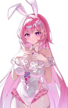 1girl animal_ears bare_shoulders breasts commentary covered_navel cyrene_(demiurge)_(honkai:_star_rail) cyrene_(honkai:_star_rail) dalmyang diamond-shaped_pupils diamond_(shape) fake_animal_ears highres honkai:_star_rail honkai_(series) large_breasts leotard long_hair looking_at_viewer multicolored_hair pantyhose pink_hair playboy_bunny pointy_ears purple_eyes rabbit_ears simple_background solo symbol-shaped_pupils two-tone_hair unfinished very_long_hair white_background white_hair white_leotard white_pantyhose wrist_cuffs