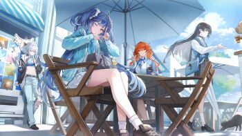 4girls abby_(wuthering_waves) absurdres augusta_(wuthering_waves) black_cat black_gloves black_hair blue_hair blue_pants brown_shoes cat chair chisa_(wuthering_waves) closed_mouth cloud commentary_request denim eating food galbrena_(wuthering_waves) gloves highres holding holding_food holding_popsicle holding_umbrella iuno_(wuthering_waves) jacket lawson long_hair long_sleeves looking_at_viewer misyune multiple_girls namipon_(wuthering_waves) navel official_alternate_costume on_chair one_eye_closed open_clothes open_jacket orange_hair outdoors pants popsicle shoes single_glove sitting smile socks standing stomach torn_clothes torn_pants umbrella very_long_hair white_hair white_socks wuthering_waves