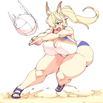 1girl 2025 action alternate_breast_size_(larger) animal_ear_fluff animal_ears ass bare_legs bare_shoulders blonde_hair blue_archive blue_eyes blue_sandals breasts cleavage commentary covered_erect_nipples dog_ears dog_girl english_commentary feet female_focus full_body hair_over_one_eye highres huge_ass huge_breasts kanna_(blue_archive) long_hair official_alternate_costume official_alternate_hairstyle one-piece_swimsuit open_mouth own_hands_together plump ponytail rtil sandals serious sharp_teeth simple_background solo standing standing_on_one_leg swimsuit teeth thick_thighs thighs toes variant_set white_background white_one-piece_swimsuit wide_hips