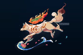 Rule 34 | 1girl, amaterasu (ookami), body markings, closed mouth, commentary, fire, flower, from side, full body, hashtag-only commentary, illufinch, leaf, looking ahead, ookami (game), petals, pink flower, pixel art, smile, twitter username, water