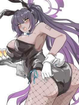 1girl animal_ear_hairband animal_ears aqua_bow ass black_hair black_leotard blue_archive bow bowtie breasts champagne_flute commentary_request cup dark-skinned_female dark_skin detached_collar drinking_glass fake_animal_ears fishnet_pantyhose fishnets gloves hairband halo highres karin_(blue_archive) karin_(bunny)_(blue_archive) large_breasts leotard long_hair looking_at_viewer looking_back number_tattoo official_alternate_costume open_mouth pantyhose playboy_bunny ponytail purple_halo rabbit_ears rabbit_tail side-tie_leotard simple_background solo strapless strapless_leotard tachikaze_miyako tail tattoo traditional_bowtie tray white_background white_gloves wrist_cuffs yellow_eyes
