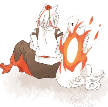 Rule 34 | 2girls, amaterasu (ookami), animal ears, commentary request, crossover, detached sleeves, facing away, fire, from behind, geta, harusamero, hat, inubashiri momiji, issun, looking at another, looking to the side, m.u.g.e.n, multiple girls, ookami (game), short hair, tail, tail wagging, tengu-geta, tokin hat, touhou, trait connection, white fur, white hair, white wolf, wolf ears, wolf girl