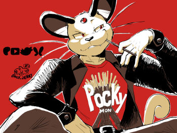 1boy 1other artist_logo artist_name black_suit bluesky_logo brand_name_imitation claws closed_mouth commentary english_commentary fang fang_out food food_in_mouth forehead_jewel formal_clothes furry furry_male grey_pants holding holding_food holding_pocky logo male_focus nintendo only_jerry pants patreon_logo pocky pocky_in_mouth pokemon pokemon_(creature) red_background red_eyes red_shirt shirt smile suit twitter_logo whiskers youtube_logo