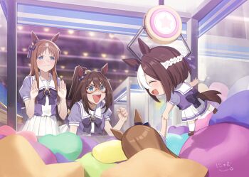 4girls :d against_glass animal_ears arcade blue_eyes blush bow bowtie brown_hair chibi closed_eyes closed_mouth commentary crane_game domino_mask ear_covers ear_ornament ear_ribbon ear_scrunchie el_condor_pasa_(umamusume) eye_mask grass_wonder_(umamusume) hair_between_eyes hand_on_glass highres horse_ears horse_girl horse_tail in_crane_game indoors light_brown_hair long_hair mask multicolored_hair multiple_girls nyum open_mouth pleated_skirt ponytail puffy_short_sleeves puffy_sleeves purple_bow purple_bowtie purple_serafuku purple_shirt sailor_collar sailor_shirt school_uniform serafuku shirt short_hair short_sleeves sidelocks single_ear_cover skirt smile special_week_(umamusume) streaked_hair tail teeth tracen_school_uniform umamusume upper_teeth_only white_hair white_sailor_collar white_skirt