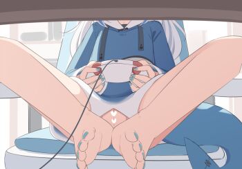 1girl animal_costume animal_hood barefoot blue_hair blue_hoodie blue_nails bottomless censored chair cleft_of_venus commentary controller desk drawstring english_commentary feet fins fish_tail foot_focus from_below game_controller gawr_gura gawr_gura_(1st_costume) grey_hair head_out_of_frame heart heart_censor highres holding holding_controller holding_game_controller hololive hololive_english hood hood_down hoodie indoors knees_apart_feet_together loli multicolored_hair nail_polish naked_hoodie no_panties pussy shark_costume shark_girl shark_hood shark_tail sitting soles solo streaked_hair swivel_chair tail tenroy thighs toenail_polish toenails toes virtual_youtuber