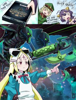 3girls @_@ araga_kiwi black_hair blonde_hair cannon crossover david_hrusa highres hiiragi_utena leoparde_(mahou_shoujo_ni_akogarete) magia_baiser magical_girl mahou_shoujo_ni_akogarete morino_korisu multiple_girls necron nero_alice pointing red_eyes robot warhammer_40k white_hair